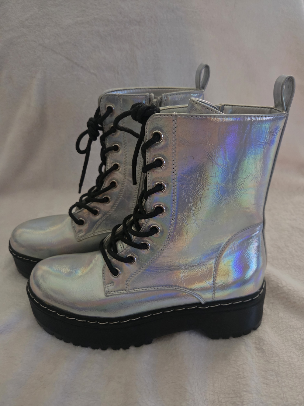 Holographic Silver Lace-Up Platform Combat Boots - Women